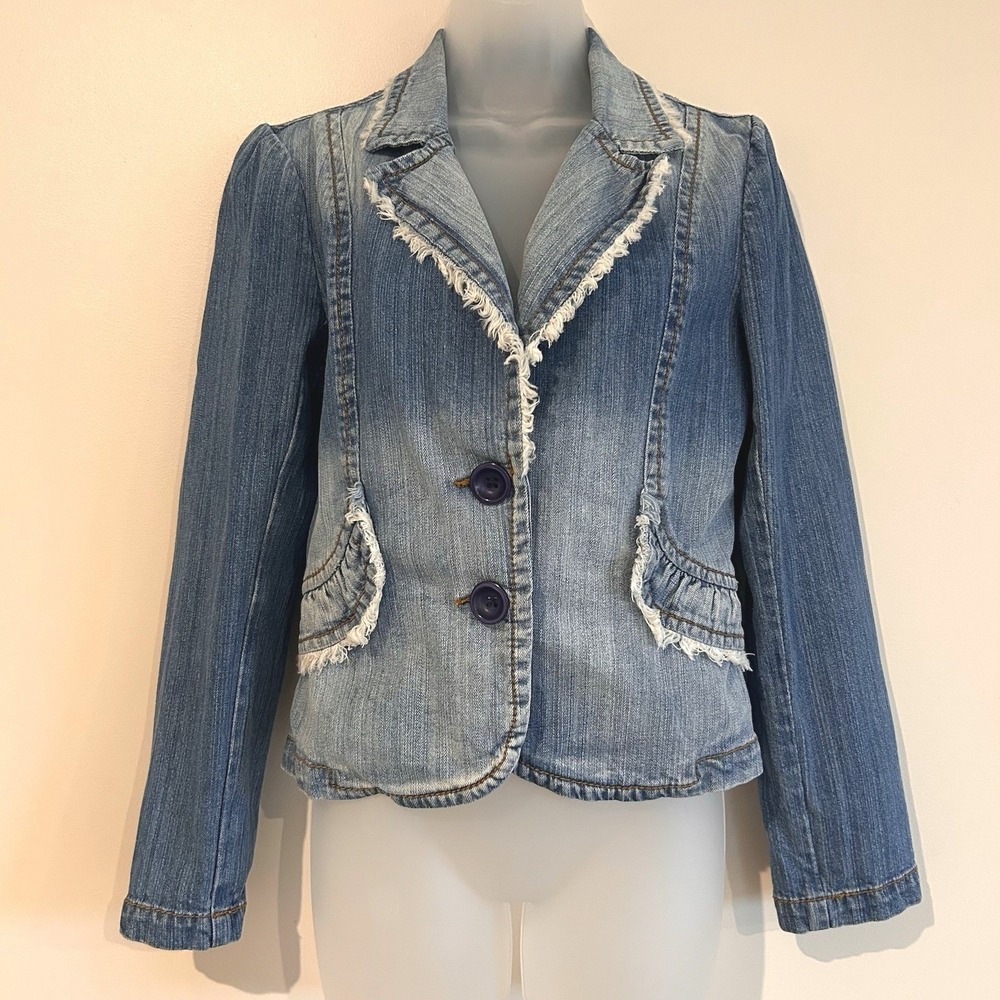 Rampage Jeans Y2K Denim Blazer Jacket Sz M Blue Fringe Trim Fitted Stretch